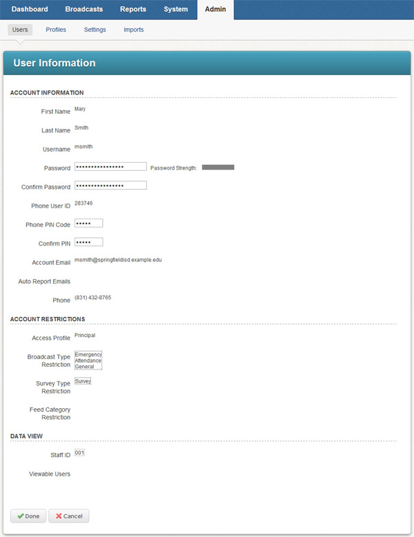 User Editor Screen