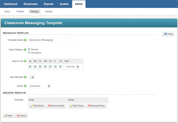 Classroom Messaging Template settings