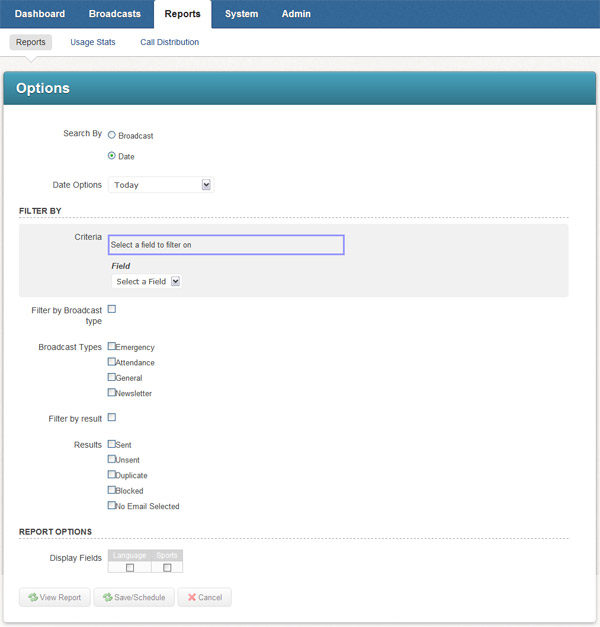 The Email Log screen in the Report Builder.