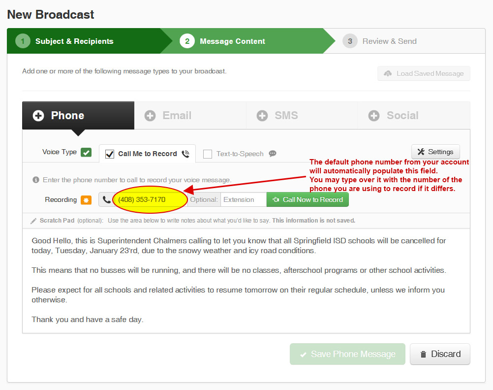 Adding phone message content.