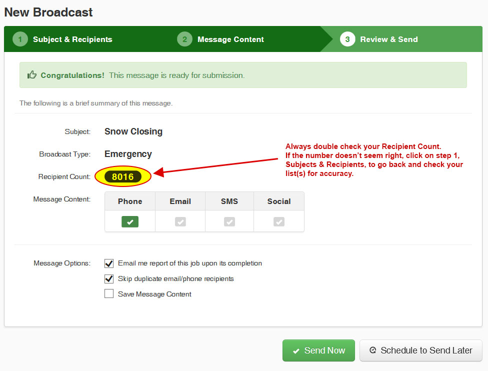 Review and Submit your Broadcast