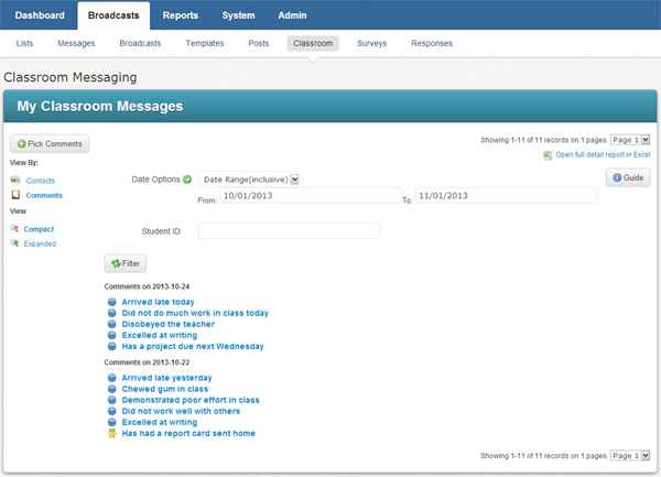 Viewing a comment report for an individual student.