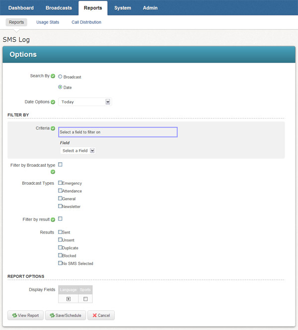 Selecting SMS Log report options.