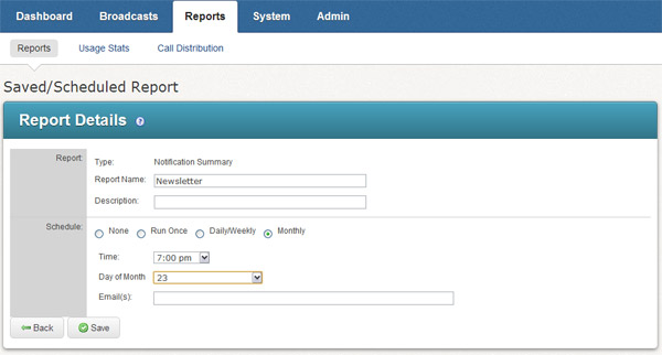The saving or scheduling reports screen.